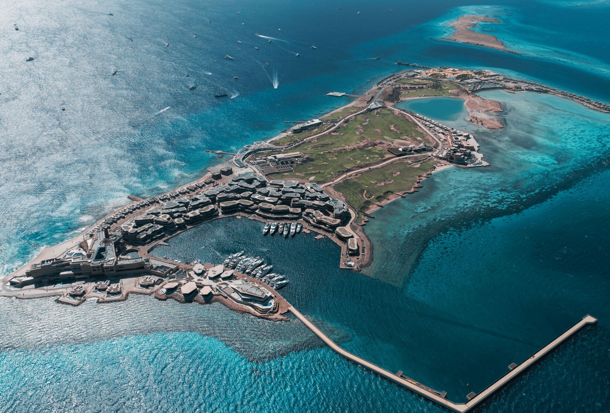 Aerial view of Sindalah Island development at NEOM, partner project with Creative Hospitality in Saudi Arabia