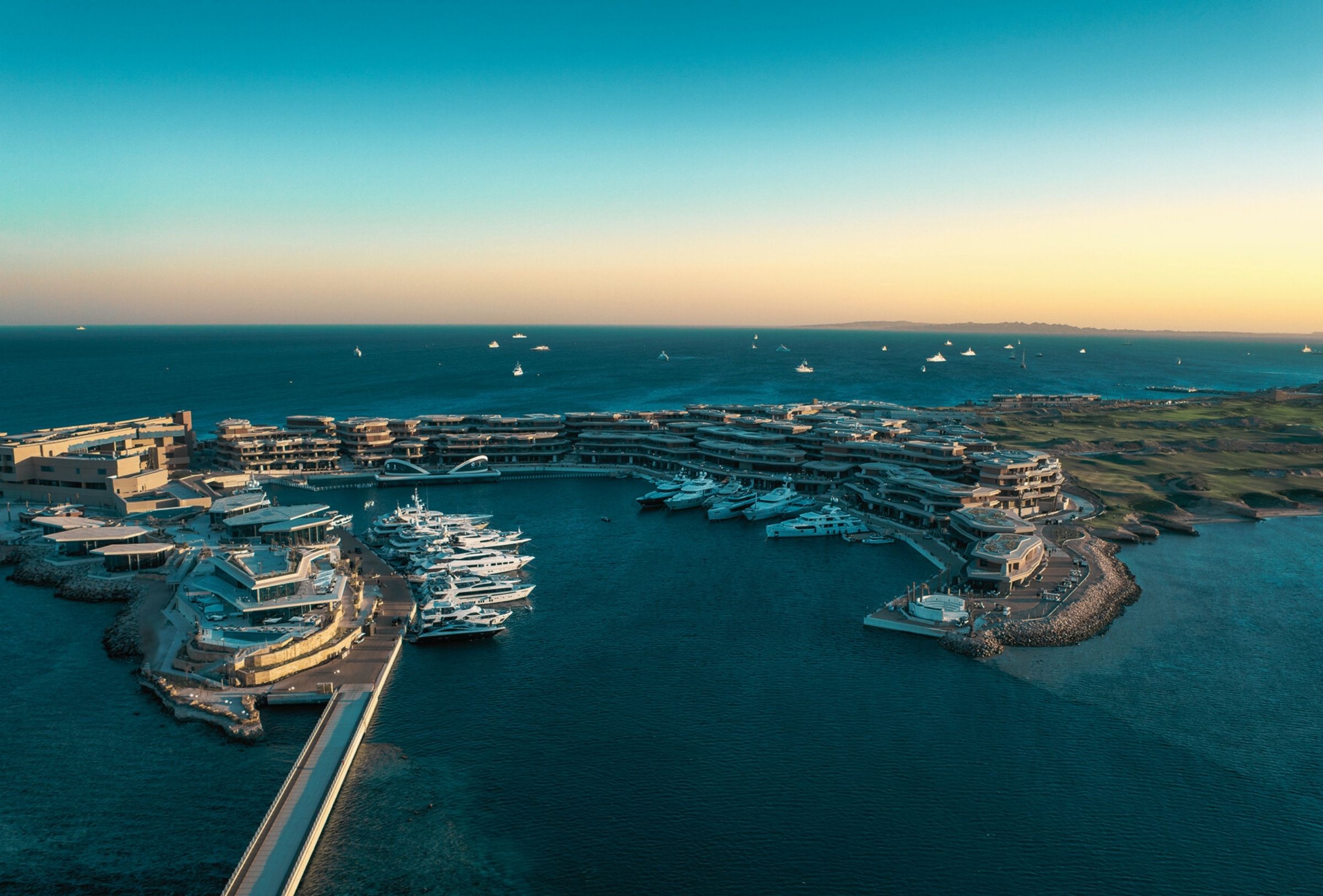 Aerial view of Sindalah Island marina at NEOM, partner project with Creative Hospitality in Saudi Arabia