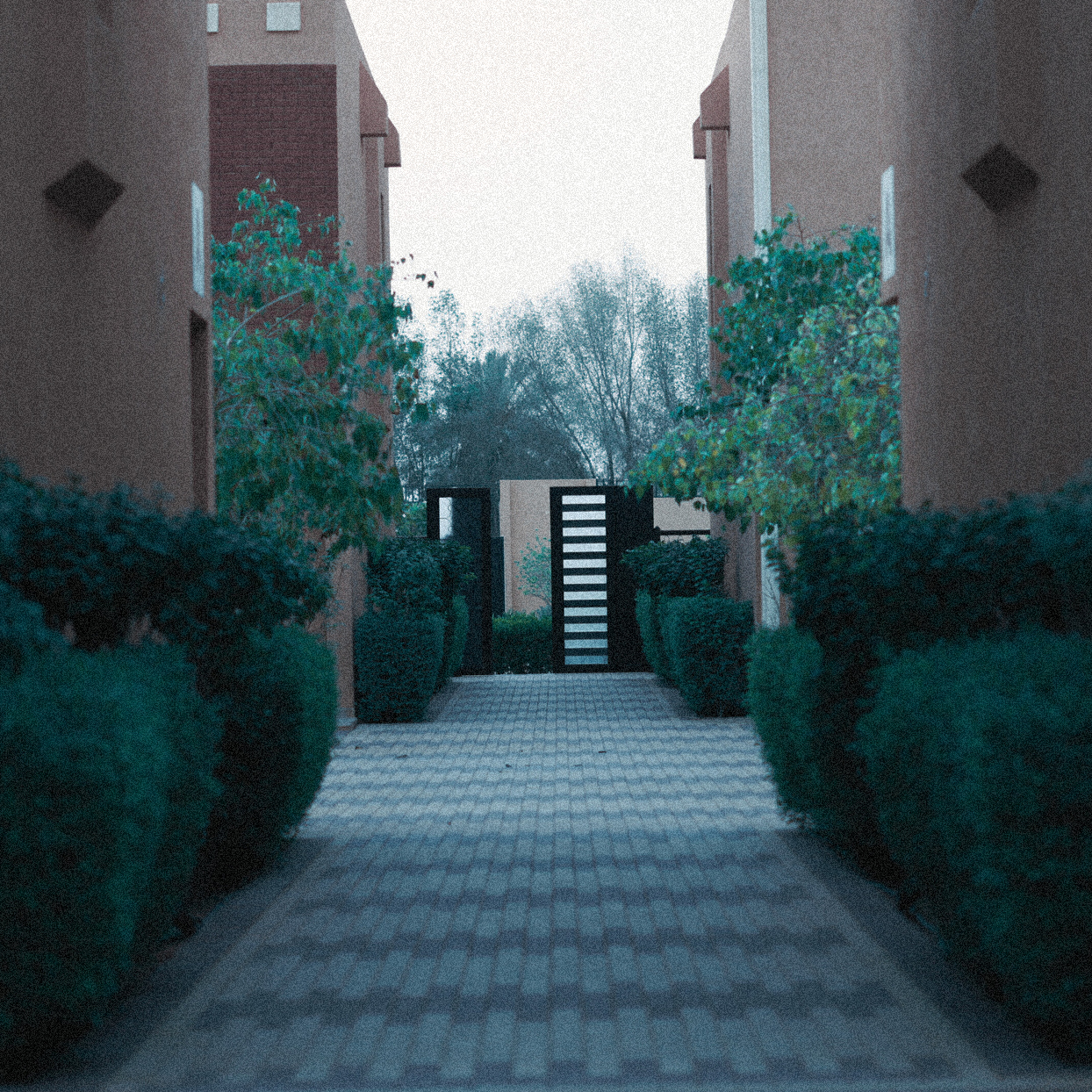Pathway leading through modern residential buildings with greenery, reflecting Creative Hospitality’s real estate solutions and executive accommodations.
